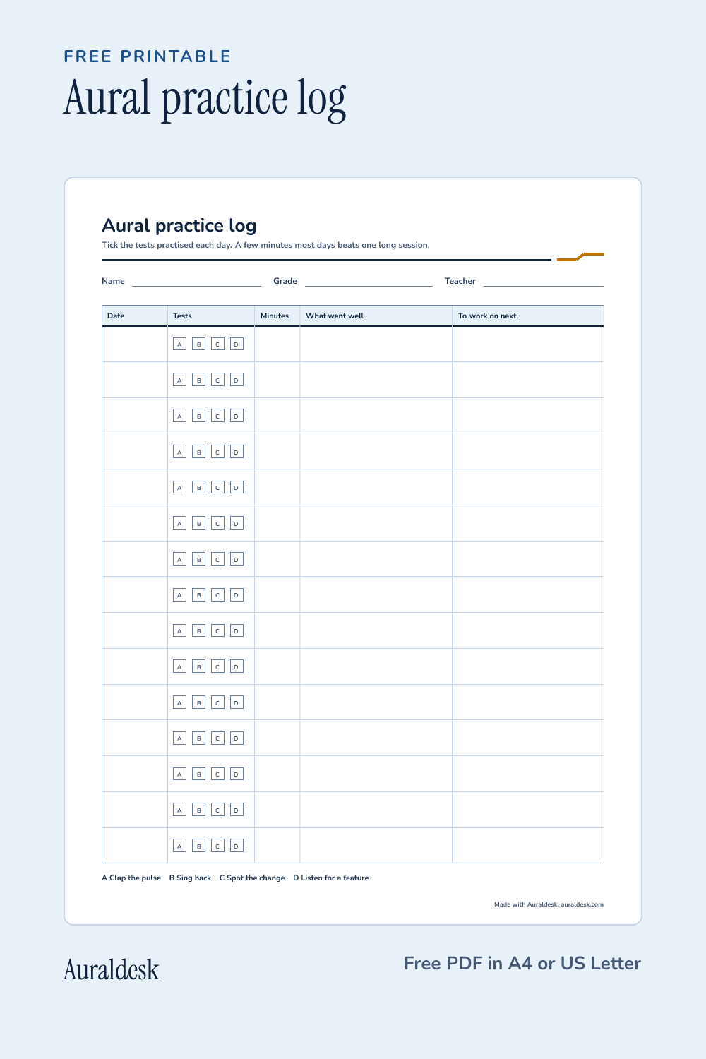 Preview of the aural practice log