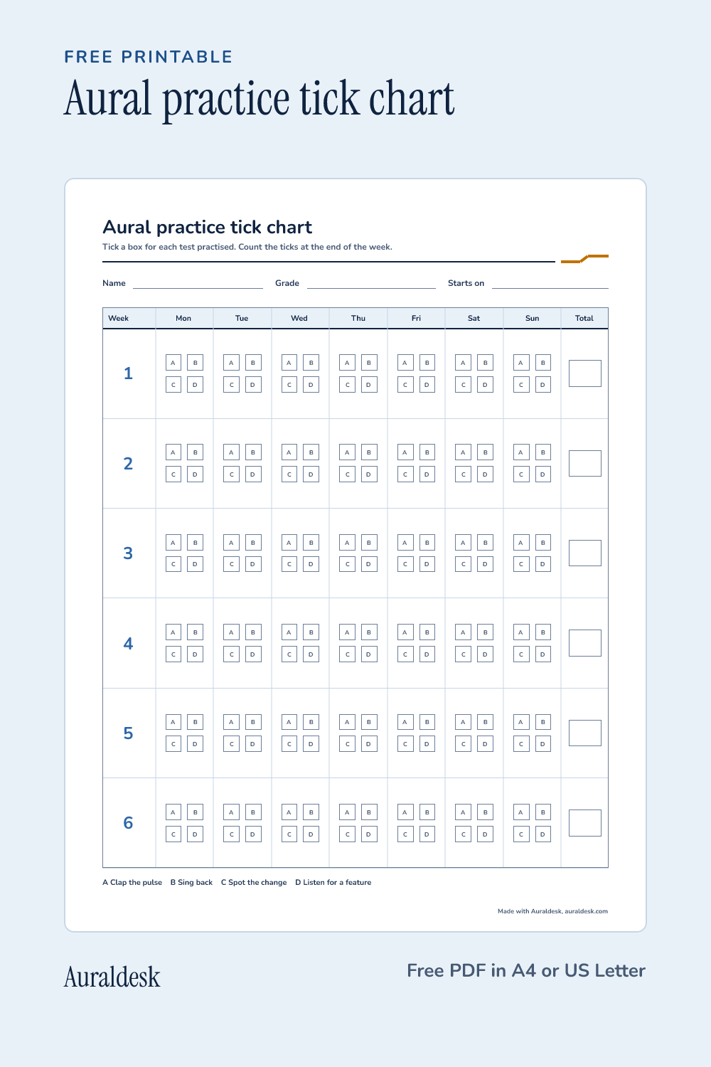 Preview of the aural practice tick chart